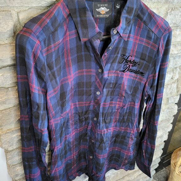 Harley Davidson Plaid Metallic Button Up Shirt Womens Medium Roses Navy Blue - Picture 2 of 10